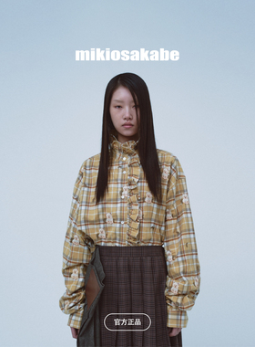 【秋冬新品】mikiosakabe格纹猫咪刺绣荷叶边短款宽松衬衫
