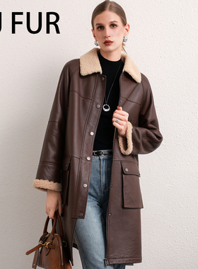 UJ/南非进口lacon拉贡皮毛一体女外套2025新款收腰长款皮草外套