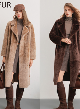 西班牙进口拉贡美拉德风羊羔毛皮草大衣女长款西装领翻领外套