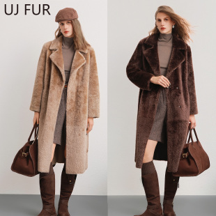西班牙进口拉贡美拉德风羊羔毛皮草大衣女长款 领翻领外套 西装