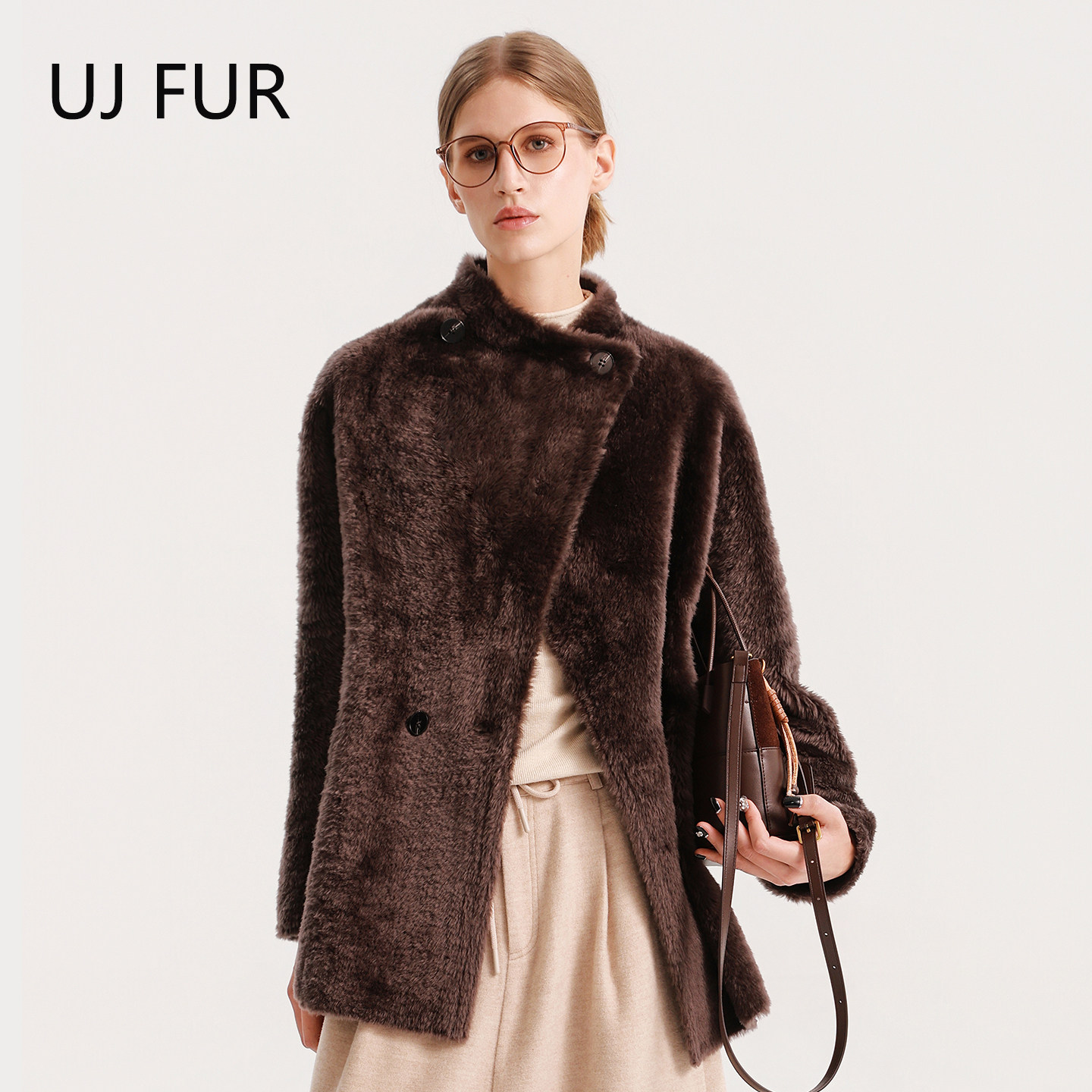 轻奢极简风进口西班牙拉贡皮毛一体女中长款翻领两穿皮草外套大衣