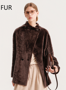 轻奢极简风进口西班牙拉贡皮毛一体女中长款翻领两穿皮草外套大衣