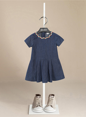 伯米吉夏季新款中大童圆领短袖蓝色牛仔裙女童高端简约连衣裙1475