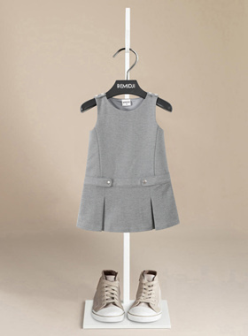 伯米吉秋新女童灰色罗马弹力棉圆领百搭气质学院风连衣裙1593