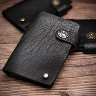 头层牛皮旋转卡包男式 真皮黑色简约复古手工纯色植鞣 女士通用竖款