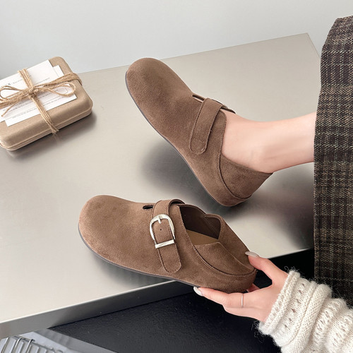 韩版反绒皮勃肯鞋女2026秋季新款时尚搭扣圆头休闲单鞋百搭懒人鞋