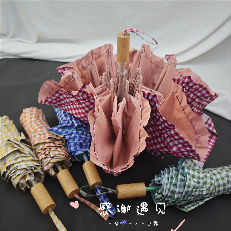 日系花边少女晴雨伞多巴胺色系格纹彩胶高防晒抗风手动三折太阳伞