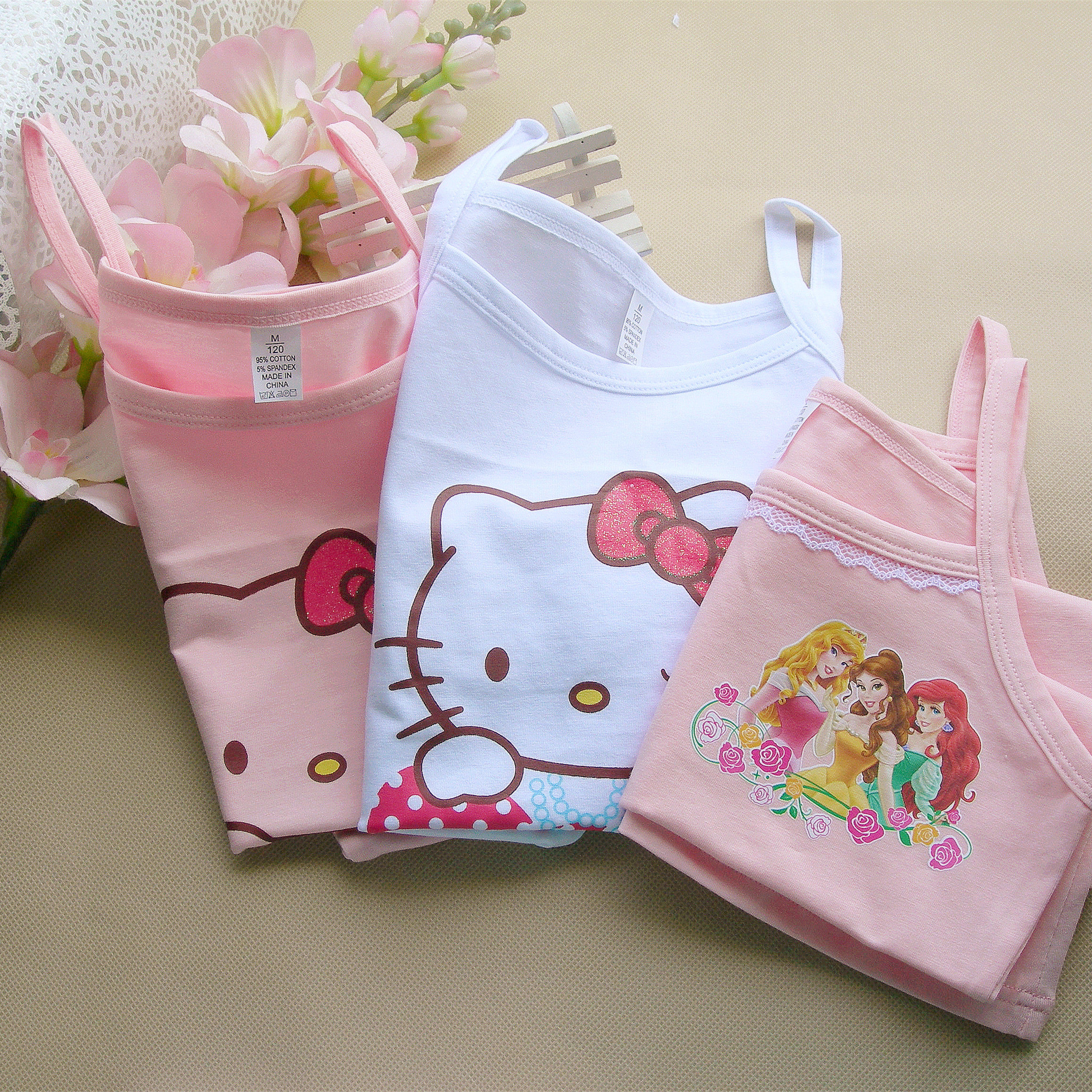 120码纯棉女童吊带背心儿童宝宝花边公主内衣kit*ty