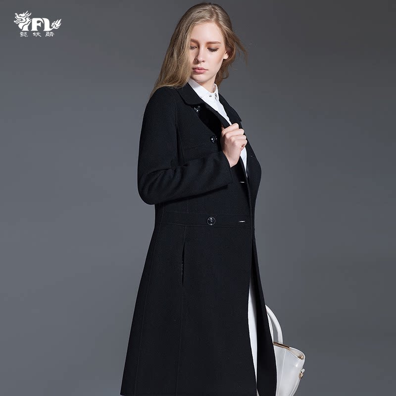 懿蚨麟毛呢外套女长款双面呢长袖西装领修身双排扣二面穿通勤纯色