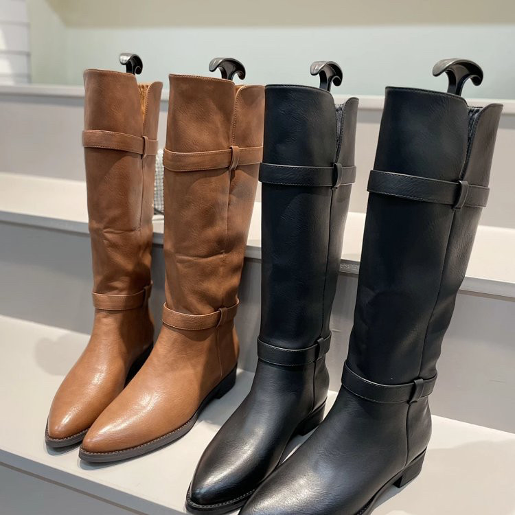 新款尖头长筒单靴女粗跟一脚蹬时装靴子腿粗长靴骑士靴1559.B23-3,女鞋,马丁靴,淘宝优惠券,粉丝福利购,淘宝优惠卷