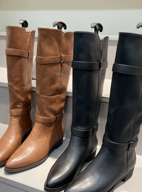 新款尖头长筒单靴女粗跟一脚蹬时装靴子腿粗长靴骑士靴1559.B23-3