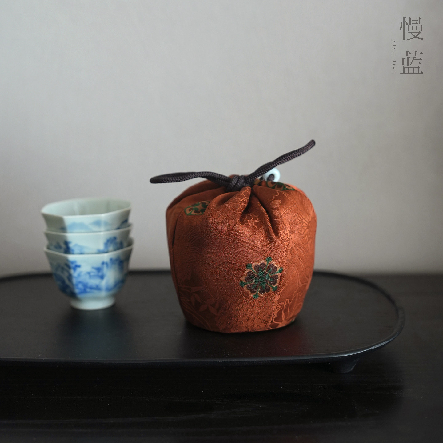 慢蓝香云纱茶具便携加厚茶杯袋图片