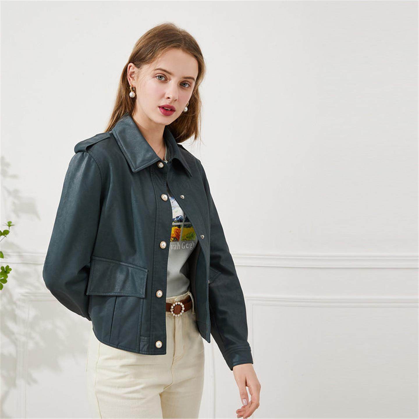 秋水伊人春季新款直筒皮衣外套秋气质珍珠扣翻领纯色短款V804,女装/女士精品,短外套,淘宝优惠券,粉丝福利购,淘宝优惠卷