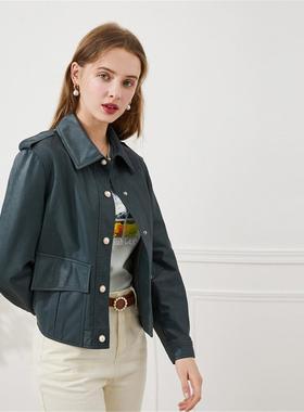 秋水伊人春季新款直筒皮衣外套秋气质珍珠扣翻领纯色短款V804