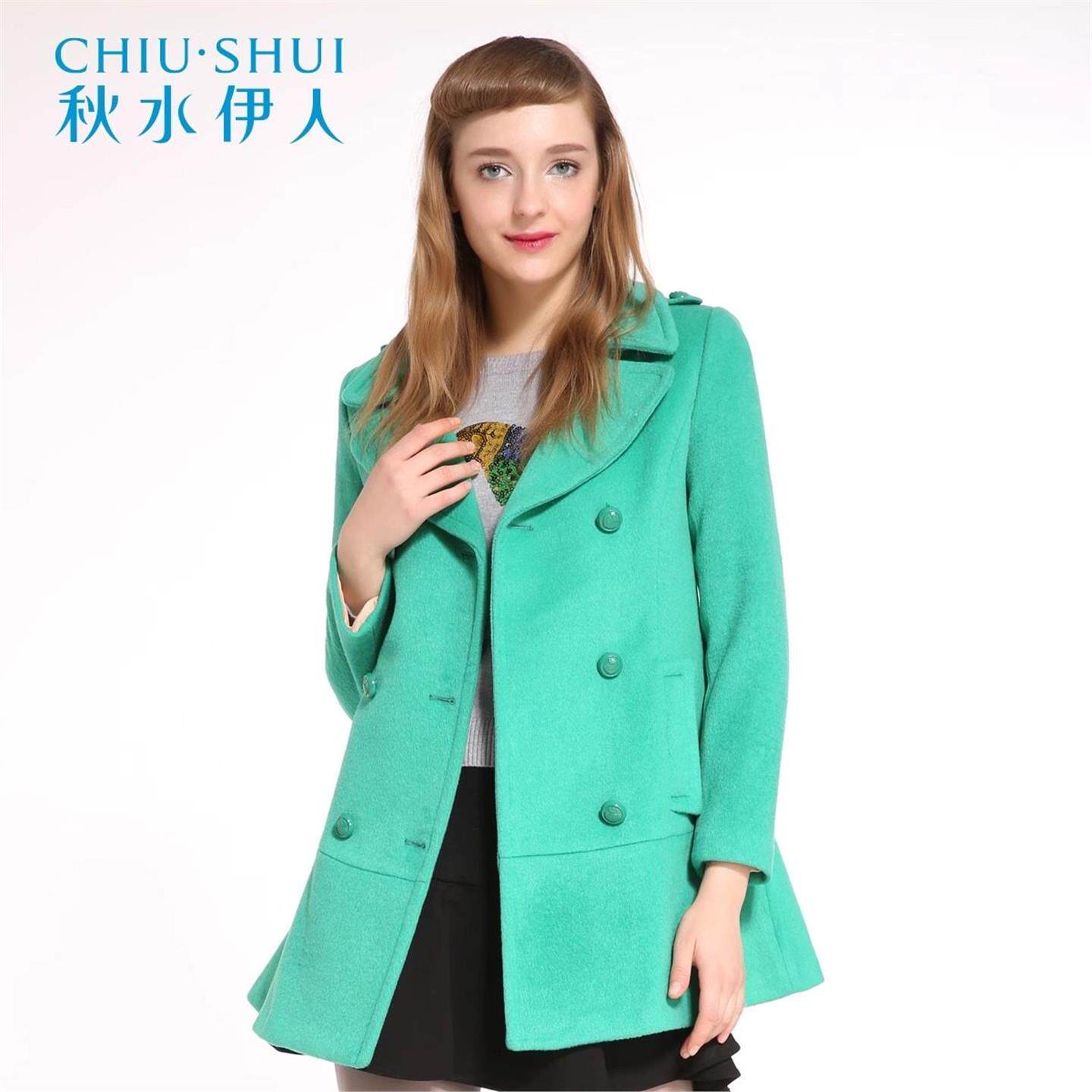 秋水伊人冬装新款女装韩版修身翻领拼接毛呢大衣外套F665