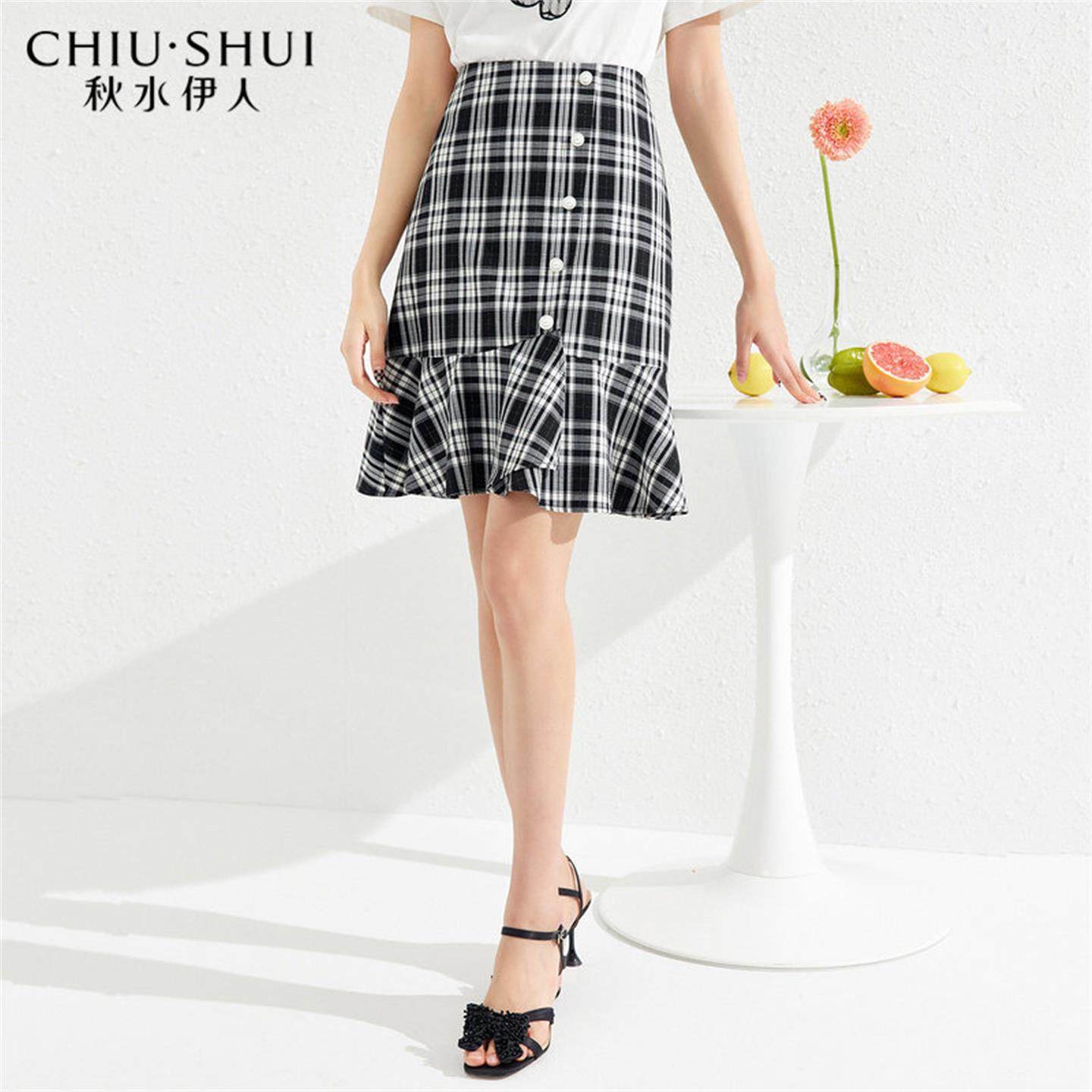 秋水伊人减龄格纹半身裙2025年夏装新款女装黑白格鱼尾短裙V1469,女装/女士精品,半身裙,淘宝优惠券,粉丝福利购,淘宝优惠卷