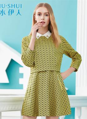 【断码S】秋水伊人春装新款女装衬衫领七分袖两件式洋装F2003
