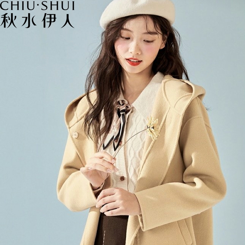 秋水伊人落肩袖羊毛双面呢大衣2024新款宽松连帽学院风外套2A552