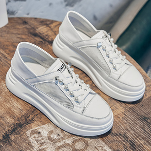 香港真皮平底小白鞋女2024新款夏季薄款两穿百搭网面透气厚底网鞋