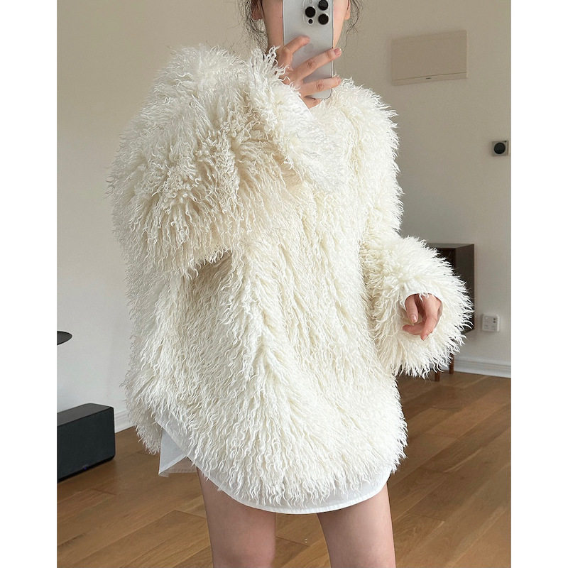 假两件拼接长羊羔毛时装皮草外套