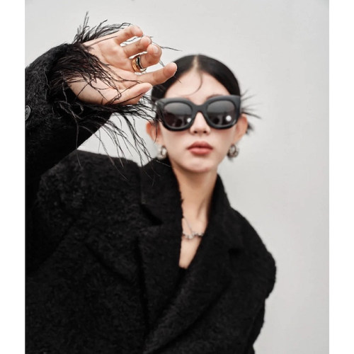 羊毛毛呢鸵鸟毛中长款西装外套