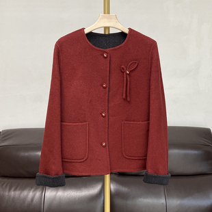 AB面圆领小香风双面羊绒大衣女短款小个子纯羊毛呢子外套宽松百搭