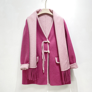 小个子双面羊绒大衣女短款V领流苏羊毛呢外套宽松带围巾秋冬新款