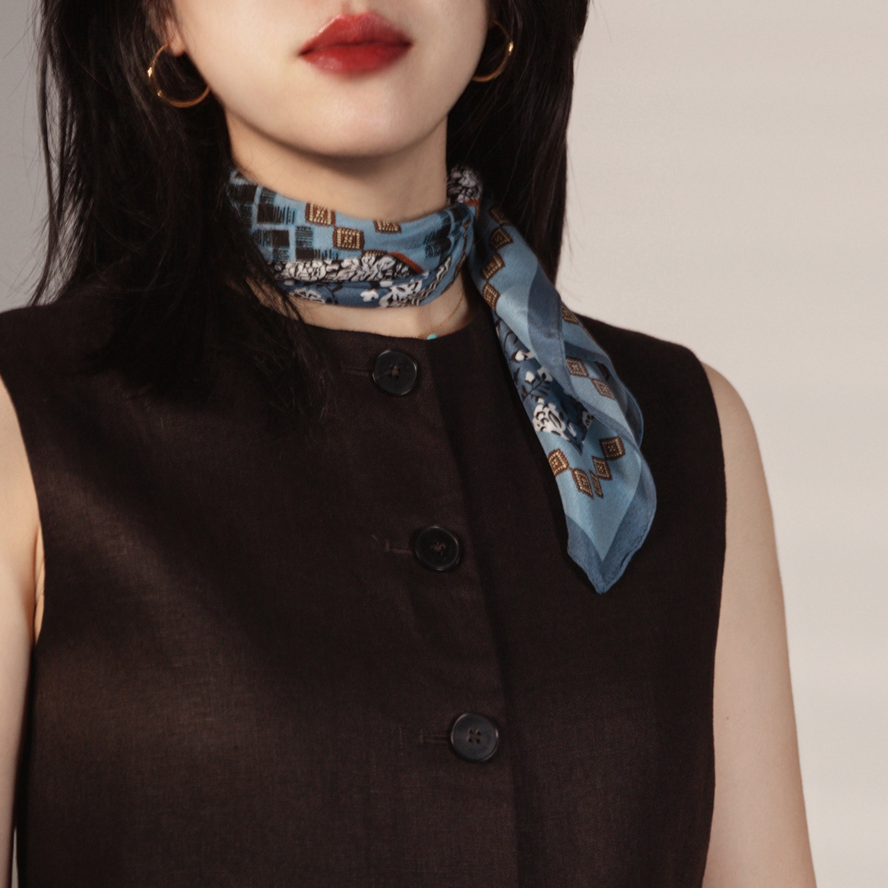 GOTAN真丝双绉丝巾雾霾蓝boho波嬉风民族风印花显白气质领巾女65