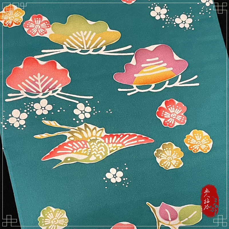 幽人梅谷日本正绢付下着尺反物青绿松鹤梅红型风付下旗袍定制面料