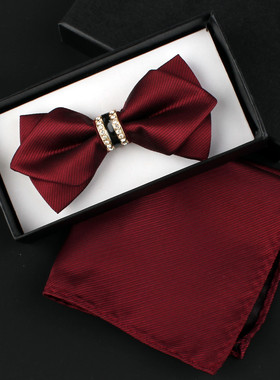 暗酒红细斜纹尖角领结镶弧形钻婚礼主持表演韩版英伦风青年煲呔