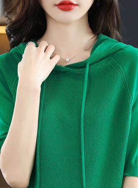 新款连帽短袖t恤女白色春季韩版带帽针织打底衫半袖短款宽松帽衫