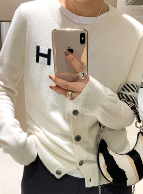 摒弃繁杂软糯100%羊毛字母H提花 经典针织开衫女春款宽松圆领外套