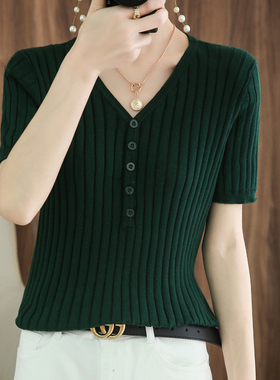 2023夏季韩版纯棉针织衫v领抽条带扣T恤女短袖简约宽松显瘦上衣