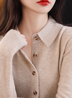 2022年针织羊绒衬衫女POLO领打底衫100纯山羊绒开衫气质翻领外套