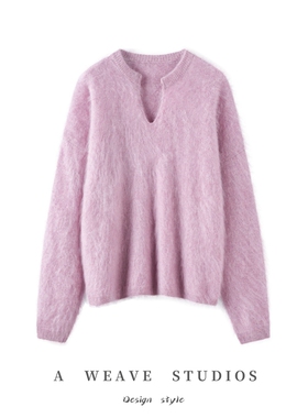 极简风V领山羊绒衫女长袖宽松拉绒毛衣粉色针织衫高端秋冬针织衫