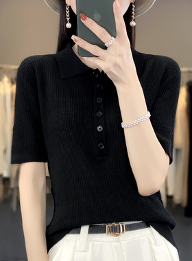 精纺羊毛短袖女士2023夏季新款设计感高级感polo领修身针织衫上衣
