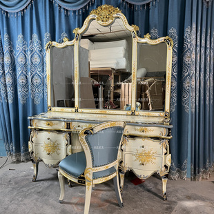 别墅高端定制欧式 彩绘奢华公主化妆桌凳镜 实木雕花女孩梳妆台法式