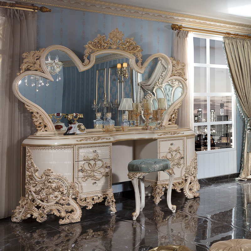 别墅法式奢华手绘梳妆台欧式卧室手工雕花艺术化妆桌高端定制玻璃