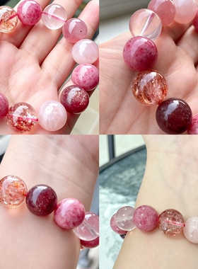 14mm大+天然水晶多宝手工手串 樱花粉蔷薇红胶花车厘子高透粉水晶