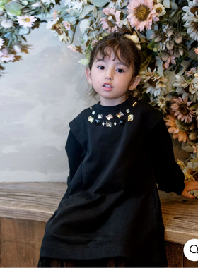 出口日本原单Rora秋冬新款手工订钻蕾丝花边毛圈卫衣连衣裙T恤