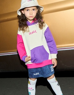 日本高端个性潮牌Xgirl女童拼色风帽套头卫衣秋冬新款