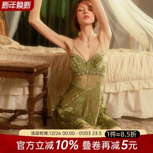 今夕何夕性感睡衣女带胸垫镂空高级感家居服套装 纯欲植绒吊带睡裙