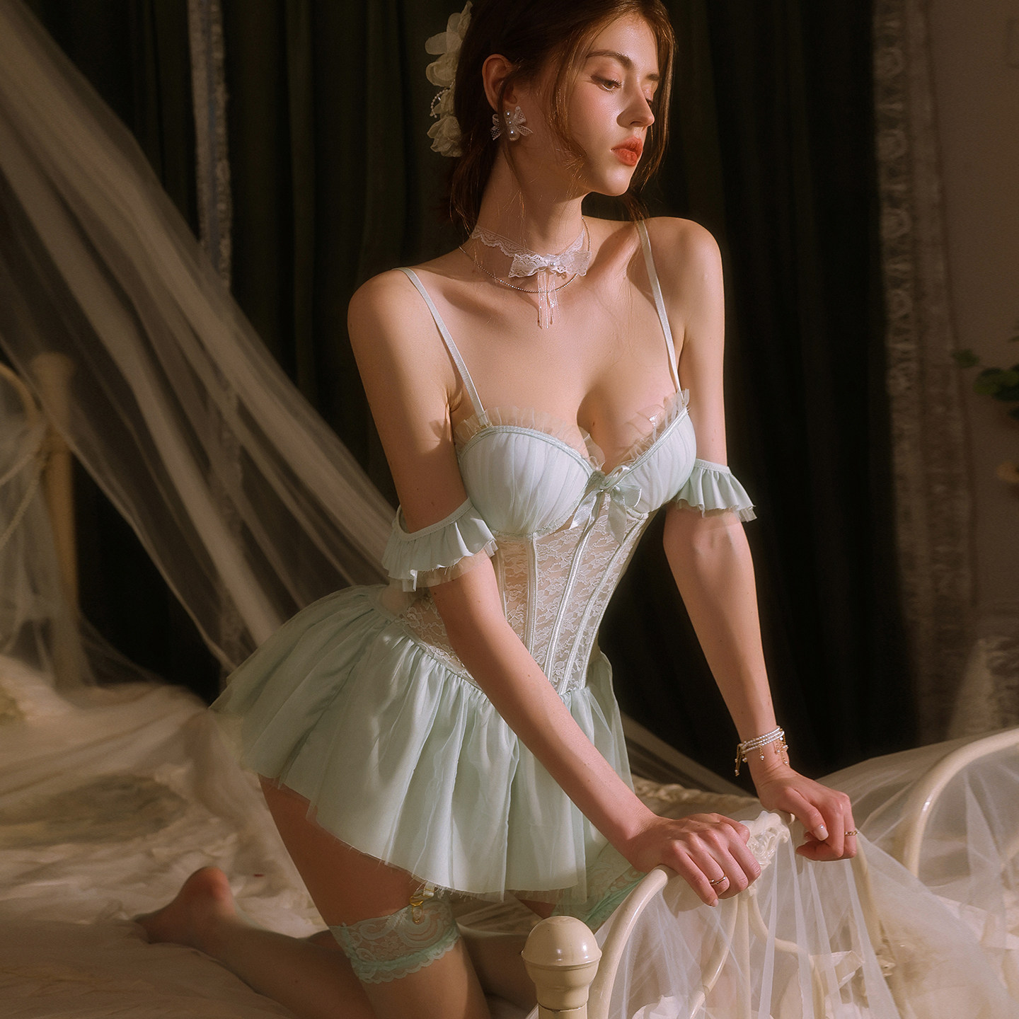 今夕何夕性感连体塑身衣qqny夏天蕾丝开档战袍网纱小胸聚拢吊带裙