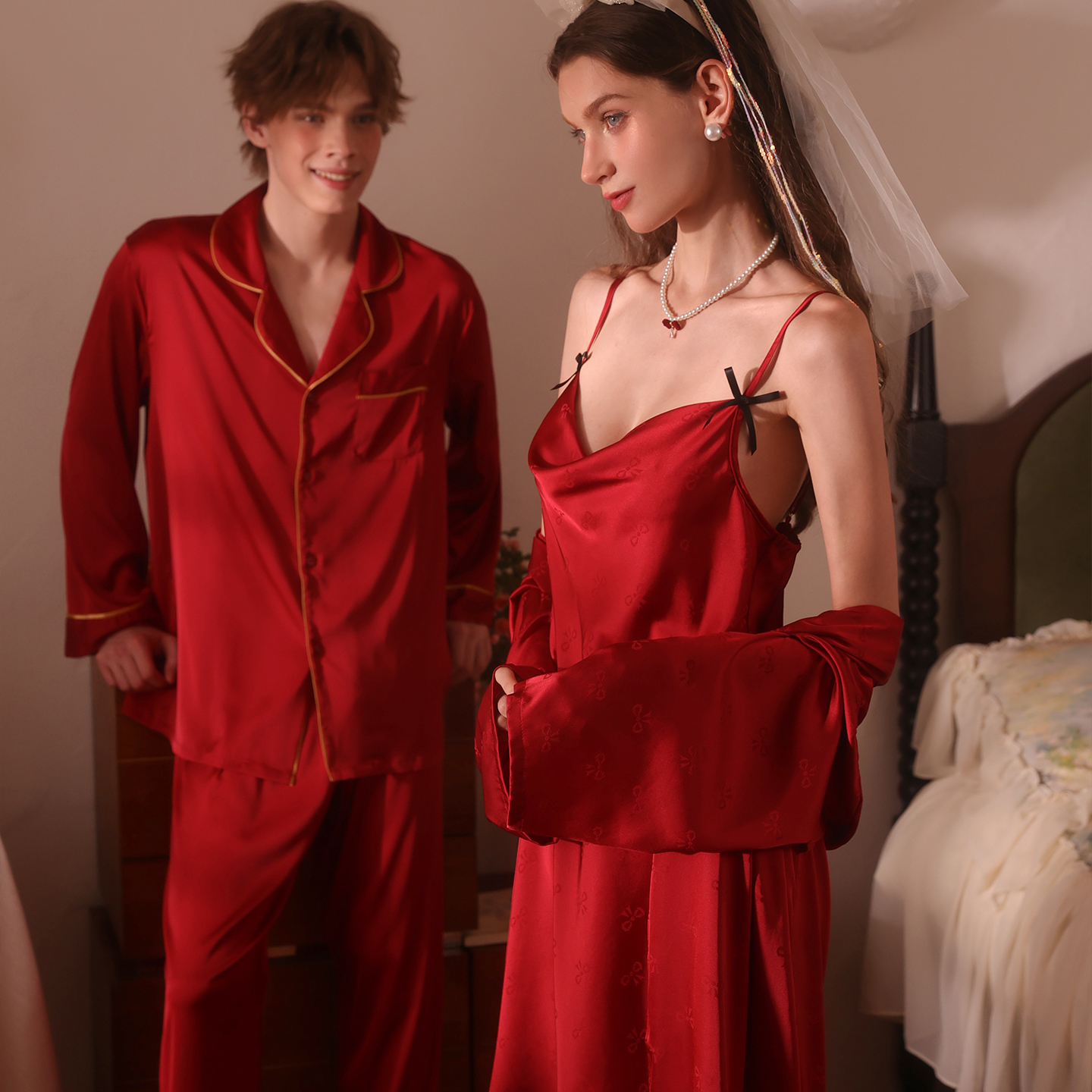 今夕何夕性感睡衣女红色情侣本命年纯欲风睡裙长袖睡袍家居服套装