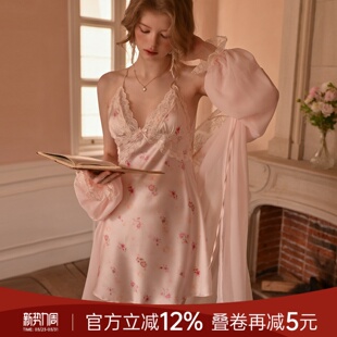 今夕何夕性感睡衣女款 纯欲风冰丝家居服蕾丝印花吊带睡裙 2026新款