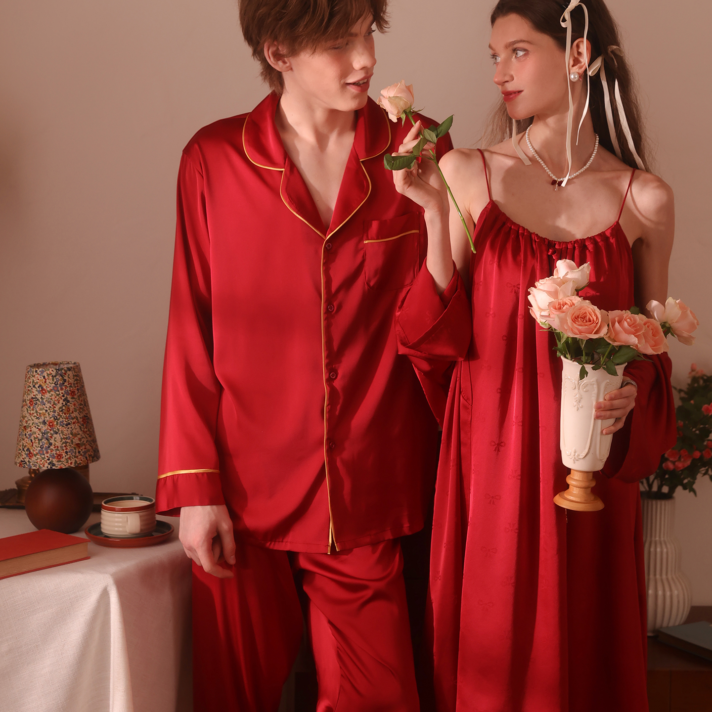 今夕何夕性感红色情侣睡衣2025新款本命年结婚喜庆宽松家居服套装