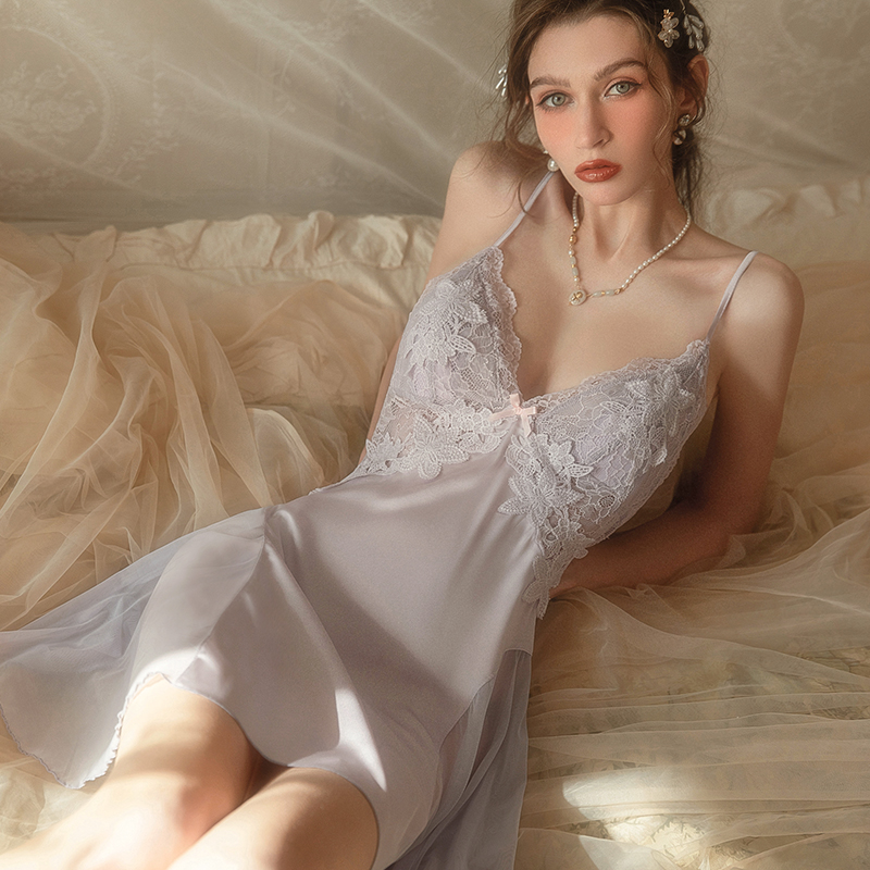 今夕何夕性感睡衣女2025新款秋季纯欲蕾丝网纱透视吊带睡裙家居服