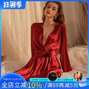 今夕何夕性感睡衣女高级感蕾丝纯欲长袖绸缎晨袍睡袍套装夏季薄款