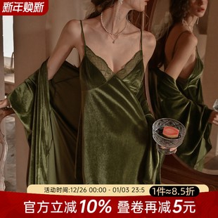 今夕何夕性感睡衣女复古金丝绒花边吊带睡裙纯欲风睡袍家居服套装