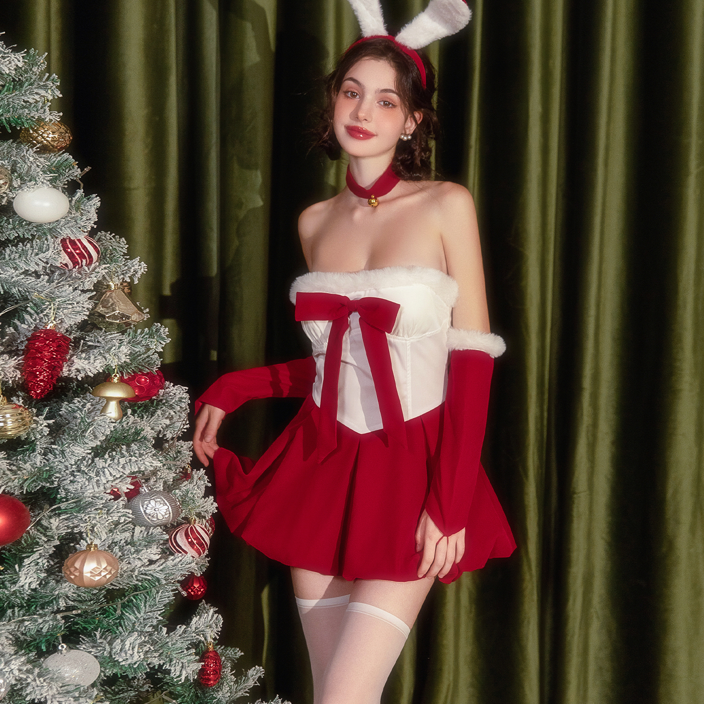 今夕何夕性感吊带睡裙套装甜美加厚毛绒兔女郎制服红色圣诞装战袍